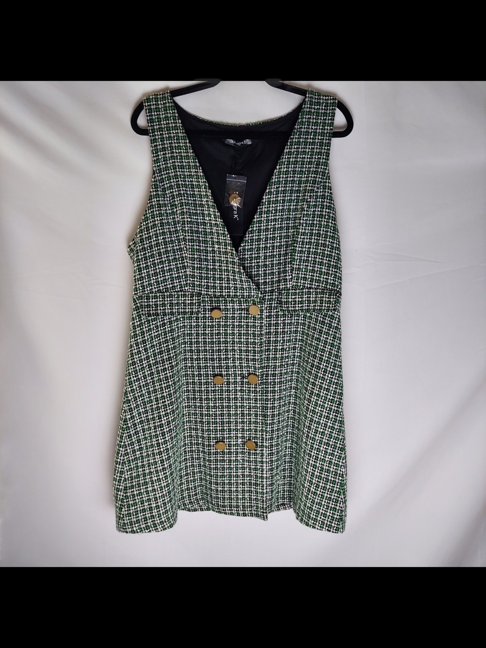 Allegra K Green Tweed Mini Dress with Gold Buttons
